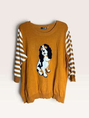 MAK B Mustard Dog Graphic Oversized Sweater Striped Sleeves Plus Fit